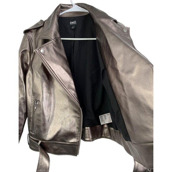 INC Womens Small Metallic Faux Leather Moto Jacket With Belt NWT - Picture 6 of 9